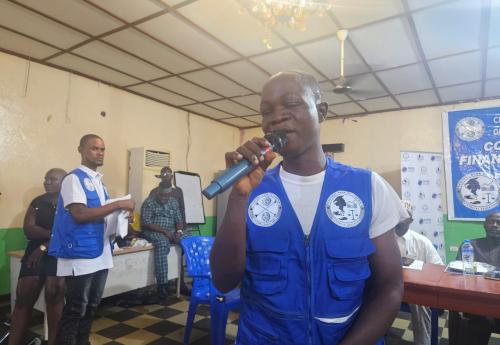 A member of the Christain Association of the Blind speaking at the FinEd Launch in Kakata, Margbi County 
